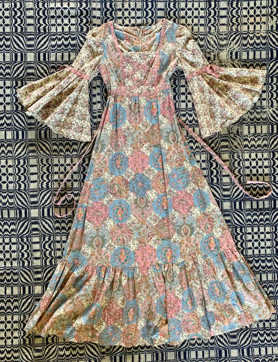 1970s Vicky Vaughn Calico Patchwork Look Maxi Dres