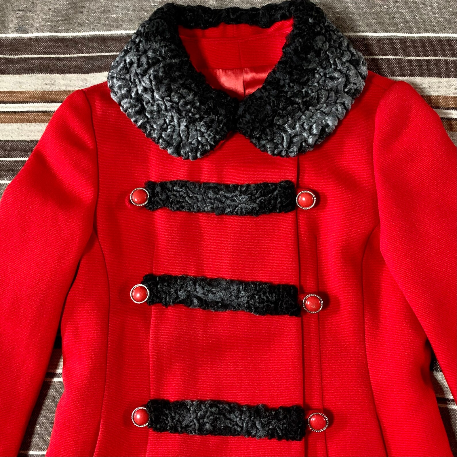 60's Bright Red Double Breasted Coat with Gray Persian Lamb Trim and Collar by Holly Gab