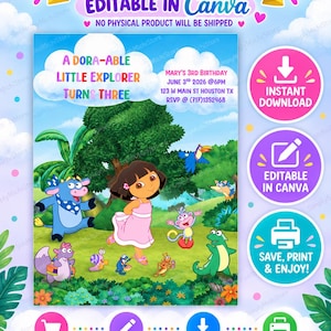 May include: A digital birthday invitation template featuring a cartoon girl in a pink dress surrounded by colorful animal characters in a jungle setting. The text reads A DORA-ABLE LITTLE EXPLORER TURNS THREE, MARY'S 3RD BIRTHDAY, JUNE 3RD 2026 @6PM.