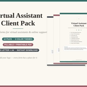 Op de afbeelding: Een Virtual Assistant Client Pack documentenset met 12 invulbare en printbare PDF-bestanden in 3 kleurthema's. De tekst bevat Virtual Assistant Client Pack, professional forms for virtual assistants & online support, 12 FILES, 3 COLOR THEMES, FILLABLE + PRINTABLE PDF, US LETTER + A4, INSTANT DOWNLOAD en Add your logo — every form has a place for it.