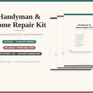 May include: A digital Handyman & Home Repair Kit featuring 8 professional forms, 12 files, and 3 color themes. The documents are fillable and printable PDFs in US Letter and A4 sizes, including space for a logo and business information.
