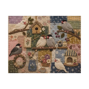 May include: A textile wall hanging featuring a patchwork background of floral and patterned fabric squares. Appliquéd felt birds, birdhouses, a floral wreath, and small potted flowers are stitched onto the surface in various colours.