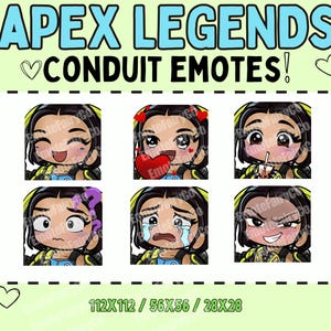 Puede incluir: Un conjunto de pegatinas digitales titulado APEX LEGENDS CONDUIT EMOTES con seis iconos cuadrados de un personaje de pelo oscuro con reflejos amarillos. Las expresiones incluyen reír, ojos de corazón, beber boba, confundido, llorar y sonreír.