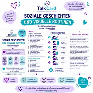 May include: A digital educational document titled TalkCard featuring social stories and visual routines in German. The layout includes lists of daily tasks, a morning routine sequence with illustrations, and text explaining how to handle the word no.