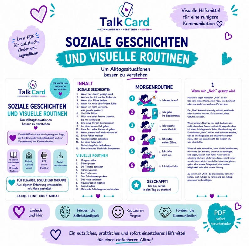 May include: A digital educational document titled TalkCard featuring social stories and visual routines in German. The layout includes lists of daily tasks, a morning routine sequence with illustrations, and text explaining how to handle the word no.