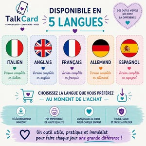 Peut inclure: Un graphique informatif TalkCard intitul&eacute; DISPONIBLE EN 5 LANGUES. Il pr&eacute;sente cinq drapeaux circulaires repr&eacute;sentant les langues italienne, anglaise, fran&ccedil;aise, allemande et espagnole, avec du texte indiquant des fichiers PDF imprimables de haute qualit&eacute;.