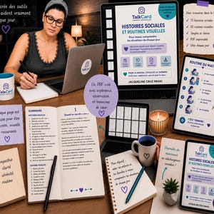 Peut inclure: Un ensemble de ressources &eacute;ducatives num&eacute;riques et imprim&eacute;es intitul&eacute; TalkCard Histoires Sociales et Routines Visuelles, comprenant des histoires sociales, des routines visuelles, un ordinateur portable, des tablettes, des carnets, des stylos et un mug.