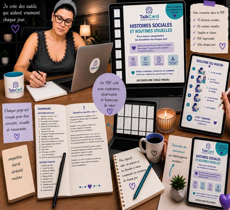 Peut inclure: Un ensemble de ressources &eacute;ducatives num&eacute;riques et imprim&eacute;es intitul&eacute; TalkCard Histoires Sociales et Routines Visuelles, comprenant des histoires sociales, des routines visuelles, un ordinateur portable, des tablettes, des carnets, des stylos et un mug.