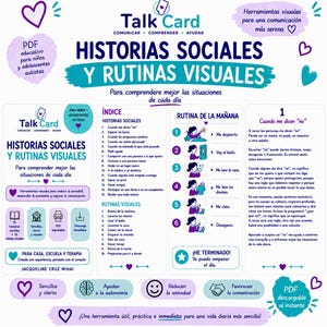 Peut inclure: Un document PDF &eacute;ducatif num&eacute;rique intitul&eacute; Talk Card Historias Sociales y Rutinas Visuales. La page blanche pr&eacute;sente du texte, des ic&ocirc;nes et des illustrations en bleu sarcelle et violet d&eacute;taillant des histoires sociales et des routines.