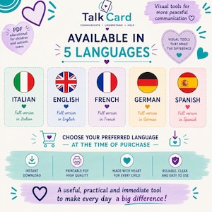 Pu&ograve; includere: Un'infografica educativa in PDF Talk Card con cinque opzioni di lingua: italiano, inglese, francese, tedesco e spagnolo. Il design include icone a forma di cuore, il testo 'Available in 5 languages' e icone per il download istantaneo, PDF stampabile e facilit&agrave; d'uso.