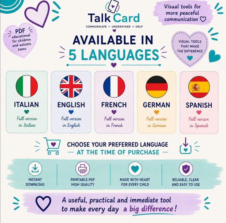 Pu&ograve; includere: Un'infografica educativa in PDF Talk Card con cinque opzioni di lingua: italiano, inglese, francese, tedesco e spagnolo. Il design include icone a forma di cuore, il testo 'Available in 5 languages' e icone per il download istantaneo, PDF stampabile e facilit&agrave; d'uso.