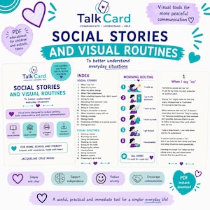 Può includere: Una risorsa educativa digitale intitolata Talk Card Social Stories and Visual Routines che presenta un indice di storie sociali e routine mattutine con illustrazioni, testi esplicativi e icone a forma di cuore color ottanio e viola.