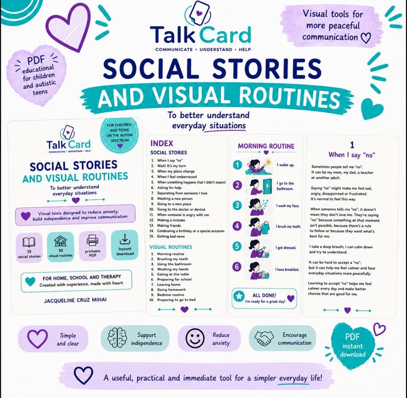 Pu&ograve; includere: Una risorsa educativa digitale intitolata Talk Card Social Stories and Visual Routines che presenta un indice di storie sociali e routine mattutine con illustrazioni, testi esplicativi e icone a forma di cuore color ottanio e viola.