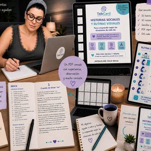 Peut inclure: Un ensemble de ressources &eacute;ducatives num&eacute;riques et imprim&eacute;es intitul&eacute; Historias Sociales y Rutinas Visuales par TalkCard, comprenant un ordinateur portable, des tablettes, des carnets et des tasses avec le logo TalkCard, affichant du texte en espagnol.