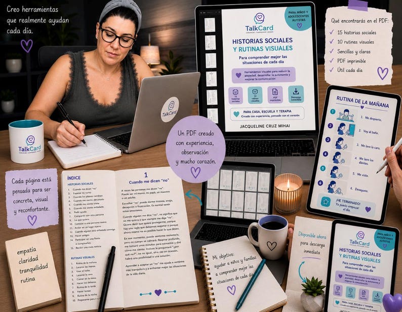 Peut inclure: Un ensemble de ressources &eacute;ducatives num&eacute;riques et imprim&eacute;es intitul&eacute; Historias Sociales y Rutinas Visuales par TalkCard, comprenant un ordinateur portable, des tablettes, des carnets et des tasses avec le logo TalkCard, affichant du texte en espagnol.