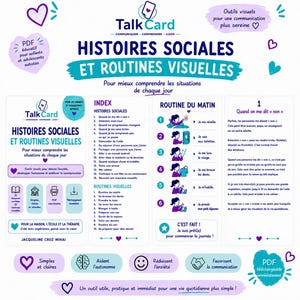 Peut inclure: Un document &eacute;ducatif num&eacute;rique intitul&eacute; TalkCard pr&eacute;sentant des histoires sociales et des routines visuelles. Il comprend un index, un guide de routine matinale avec des illustrations num&eacute;rot&eacute;es et des explications sur les situations quotidiennes.