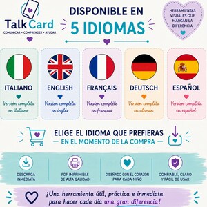 May include: A Talk Card informational graphic featuring five circular national flags representing Italian, English, French, German, and Spanish language options. The layout includes icons for shopping, downloading, printing, and heart symbols with text in Spanish.