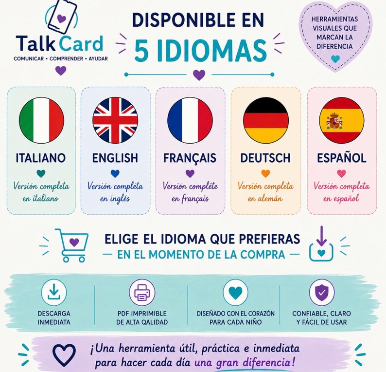 May include: A Talk Card informational graphic featuring five circular national flags representing Italian, English, French, German, and Spanish language options. The layout includes icons for shopping, downloading, printing, and heart symbols with text in Spanish.