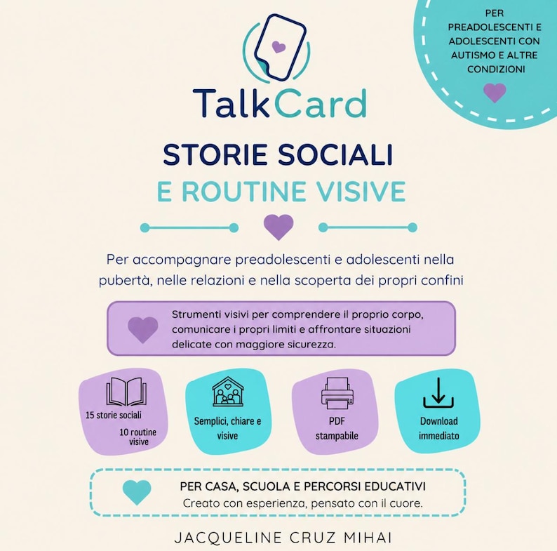 May include: A TalkCard educational resource featuring the text STORIE SOCIALI E ROUTINE VISIVE. The design includes purple and teal icons, heart symbols, and text boxes detailing 15 social stories and 10 visual routines for adolescents.