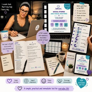 Pu&ograve; includere: Una risorsa PDF digitale intitolata Social Stories and Visual Routines di Jacqueline Cruz Mihai, visualizzata su computer portatili e tablet. Il set include pagine stampabili con routine mattutine, elenchi di indici e storie sociali quotidiane.