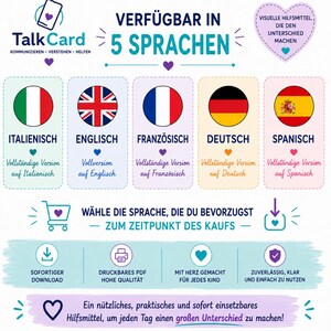 May include: A TalkCard informational graphic displaying availability in five languages: Italian, English, French, German, and Spanish. The layout features national flags, heart icons, and text indicating downloadable PDF options for communication tools.