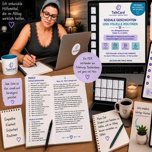 May include: A digital PDF resource titled TalkCard featuring social stories and visual routines for children and youth with autism. The set includes printed notebooks, a laptop displaying the guide, and mugs with the TalkCard logo.