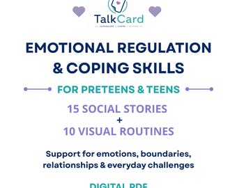 Può includere: Un PDF digitale intitolato TalkCard Emotional Regulation & Coping Skills for Preteens & Teens. Include 15 storie sociali e 10 routine visive per supportare emozioni, confini, relazioni e sfide quotidiane, disponibile come download istantaneo.