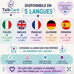 May include: A digital informational graphic titled TalkCard, available in 5 languages. It features flags for Italy, the UK, France, Germany, and Spain, with text indicating immediate PDF download, high-quality printing, and ease of use for children.