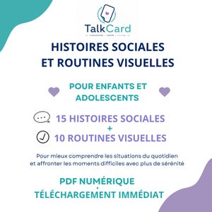 Peut inclure: Un document PDF num&eacute;rique intitul&eacute; TalkCard pr&eacute;sentant des histoires sociales et des routines visuelles pour enfants et adolescents. Le texte inclut 15 histoires sociales et 10 routines visuelles, avec des c&oelig;urs violets et des ic&ocirc;nes.