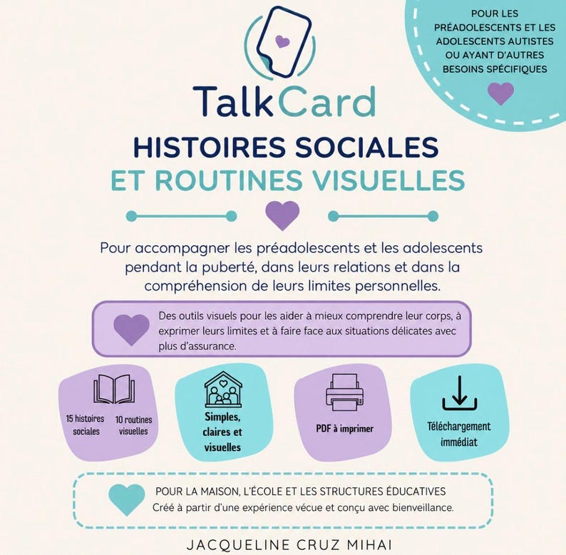May include: A TalkCard educational graphic featuring the text Histoires Sociales et Routines Visuelles. The design includes purple and teal icons, heart symbols, and descriptive text about social stories for preteens and adolescents.