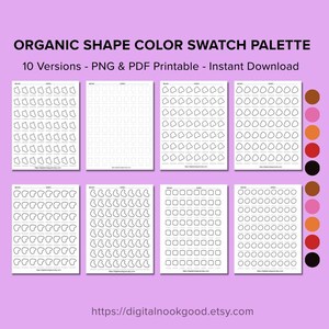 Puede incluir: Una paleta digital de muestras de color con formas orgánicas que incluye ocho hojas blancas con varias formas delineadas en negro, incluyendo manchas, cuadrados y círculos. Una columna vertical de círculos marrones, rosas, naranjas, rojos y negros se encuentra a la derecha.