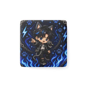 May include: A square pin featuring a pixel art illustration of a character with cat ears, dark hair with blue highlights, and a black outfit. The character holds a microphone against a dark background with blue flames, lightning bolts, and paw prints.