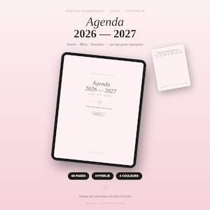 Peut inclure: Un agenda numérique affiché sur une tablette avec le texte Agenda 2026-2027, sur un fond rose pâle, incluant une petite icône de fleur et une vue de page secondaire montrant une mise en page hebdomadaire avec 68 pages et navigation hyperliée.