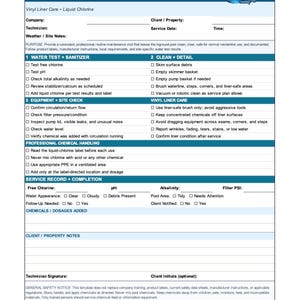 Puede incluir: Un documento blanco titulado Inground Vinyl Pool Maintenance SOP con encabezados azules. Incluye secciones para pruebas de agua, limpieza, revisiones de equipos, manejo de químicos y registros de servicio con casillas de verificación.