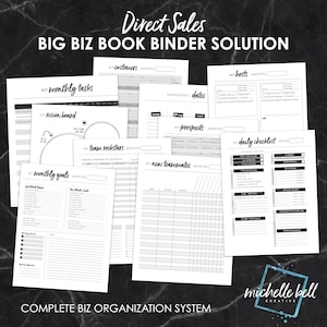 May include: A collection of white paper pages with black text, designed for business organization. The pages include sections for tasks, goals, and contacts, with headings like "Monthly Tasks," "Vision Board," and "Daily Checklist." The text "Direct Sales" and "BIG BIZ BOOK BINDER SOLUTION" are at the top.