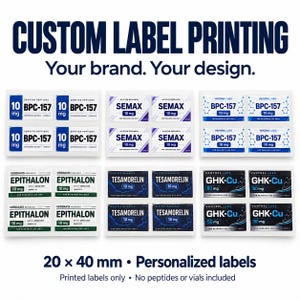 May include: Custom label printing service featuring various rectangular adhesive labels with brand names like BPC-157, SEMAX, EPITHALON, TESAMORELIN, and GHK-Cu. The labels measure 20 x 40 mm and are displayed in a grid format on a white background.