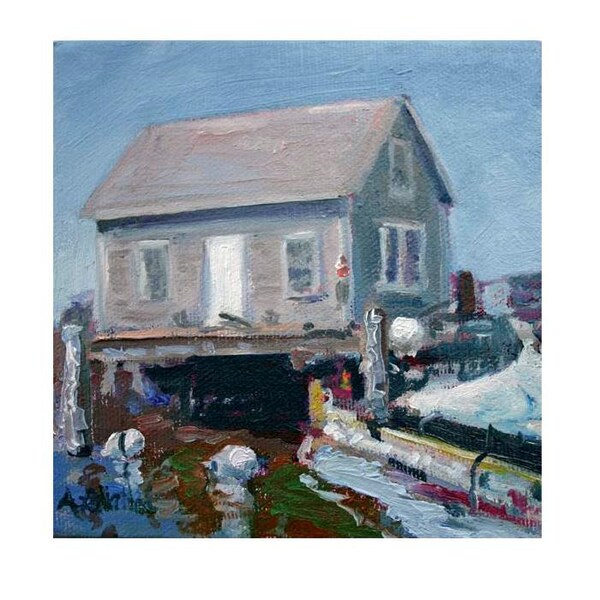 Coastal Maine Lobster Shack , Original Nautical artwork , 5"X5" square oil painting on stretched canvas