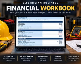 Plantilla de Excel para negocios de electricistas / Panel de control financiero para CFO, cálculo de costes de proyectos, calculadora de presupuestos, seguimiento de impuestos y plazos de pago.