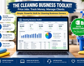 Paquete de Excel para negocios de limpieza / Seguimiento de ingresos, gestor de clientes, panel de control (descarga digital)