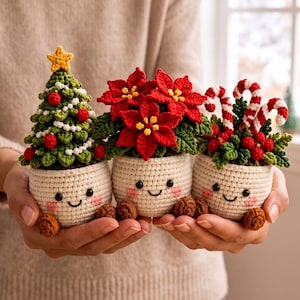 Handmade Crochet Christmas Plant Pots, Festive Holiday Desk Decor (7 Styles)