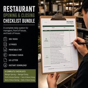 Könnte beinhalten: Ein Restaurant-Checklisten-Paket für Öffnung und Schließung auf einem Klemmbrett mit Stift. Das Dokument enthält Abschnitte für Manager-Rundgänge und Personalaufgaben mit Kontrollkästchen für die täglichen Betriebsabläufe.