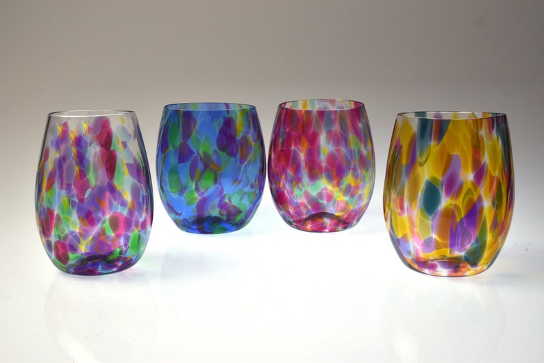 Set of 4 Stemless wine glasses. Glassware for cocktails or wine. Wine glasses. Great Gifts. Colorful glassware. Made in the USA. image 2