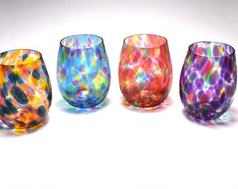 Set of 4 Stemless wine glasses. Wine Glass. Gift for the wine lover. Colorful glasses. Glassware for cocktails or wine. Made in the USA.