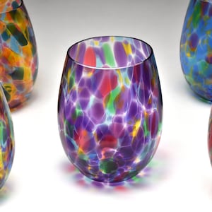 Handblown Stemless Wine Glass, Colorful Confetti Glass, USA Made