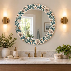 Floral Decor Mirror, Botanical Art Mirror, Teal Flower Mirror, Round Wall Mirror, Vintage Tile Mirror, Bathroom Mirror, Entryway Mirror