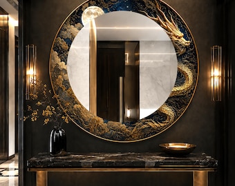 Round Gold Chinese Dragon Mirror, Celestial Moon Wall Art, Asian Decor