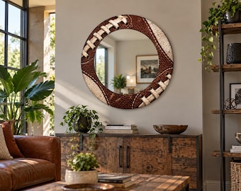 Football Mirror, Leather Look Sports Art, Game Room Decor (Tempered Glass)
