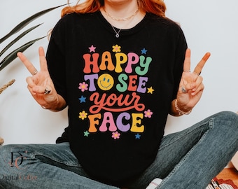 Image PNG « Heureux de voir ton visage », illustration rétro et groovy avec un sourire, citation positive colorée, décoration pour la classe, téléchargement instantané.