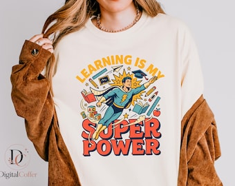 Apprendre est mon superpouvoir (PNG), illustration rétro de super-héros pour l'école, design motivant pour enseignants et élèves, téléchargement instantané