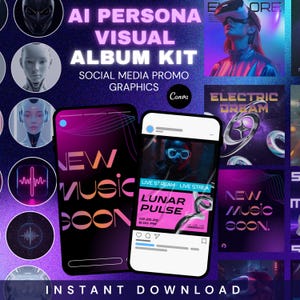 May include: An AI persona visual album kit for social media promo graphics featuring smartphone mockups, circular icons with futuristic portraits, and digital art panels with text including NEW MUSIC SOON and LUNAR PULSE, all in a neon purple colour palette.